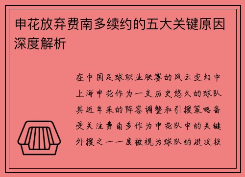 申花放弃费南多续约的五大关键原因深度解析