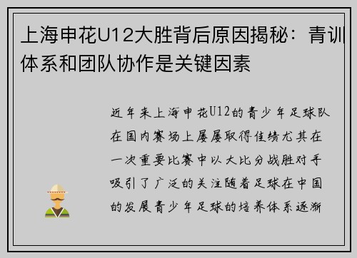 上海申花U12大胜背后原因揭秘：青训体系和团队协作是关键因素